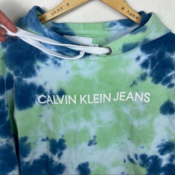 Calvin Klein Tie Dye Hoodie Size Large Blue Green Hooded Sweatshirt Cotton Crop - Picture 6 of 12